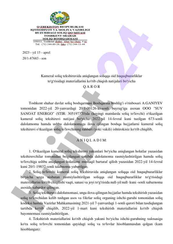 Kameral soliq tekshiruvi natijalari bo'yicha qaror