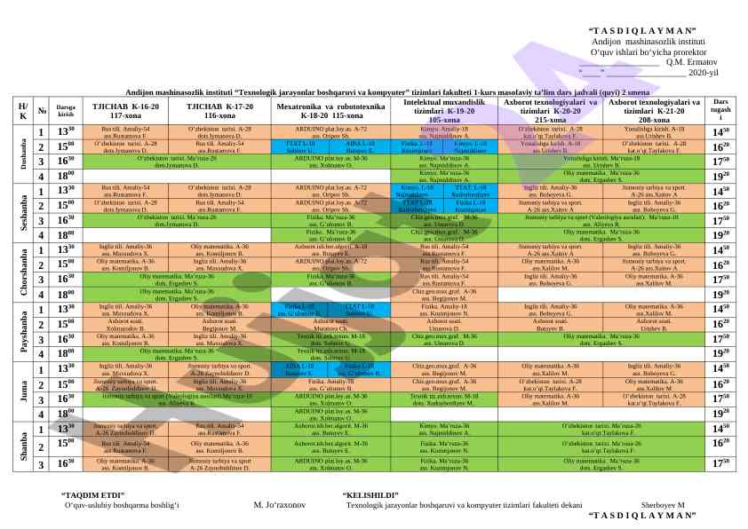 1-kurs masofaviy ta'lim dars jadvali