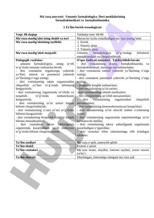 Umumiy farmakologiya: dori moddalarining tahlili