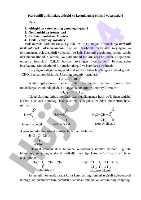Karbonilli birikmalar aldegid va ketonnar olinishi