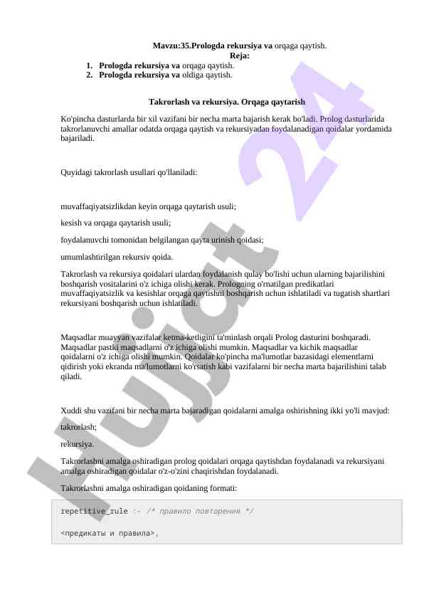 Prologda rekursiya va orqaga qaytish mavzusi