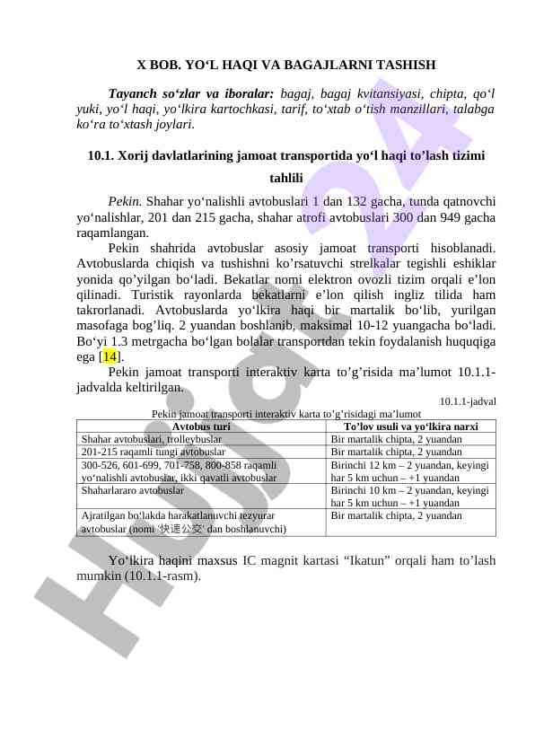 Yo‘l haqi va bagajlarni tashish tizimi tahlili