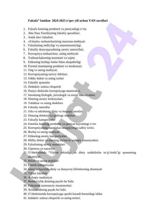 Falsafa fani savollari 2024-2025 o‘quv yili uchun