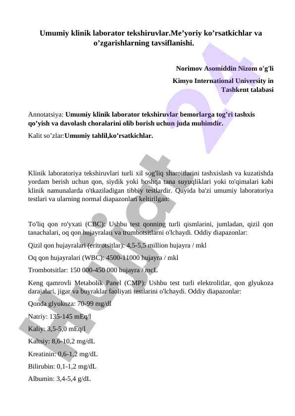 Umumiy klinik laborator tekshiruvlar va ko’rsatkichlar