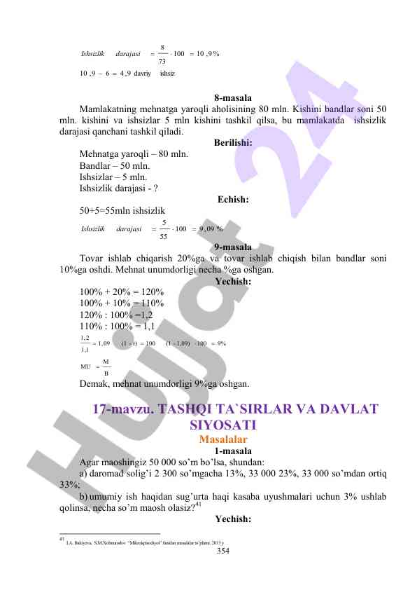Ishsizlik darajasi hisoblash masalalari