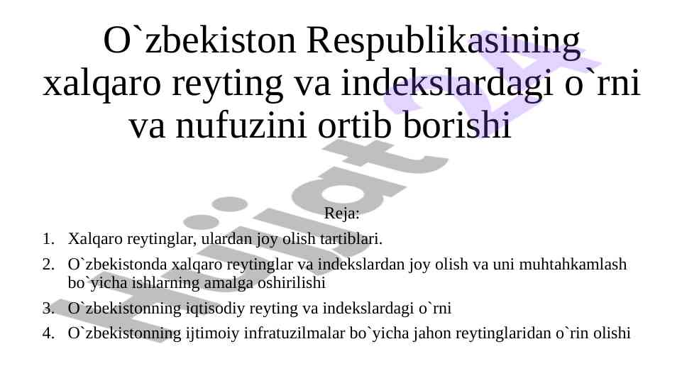 O'zbekiston respublikasining xalqaro reytinglarga ta'siri