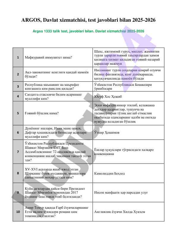 AGROS Davlat xizmatchisi 2025-2026 testlar javoblari