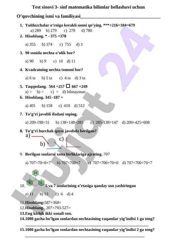 3-sinf matematika bilimlar bellashuvi testi