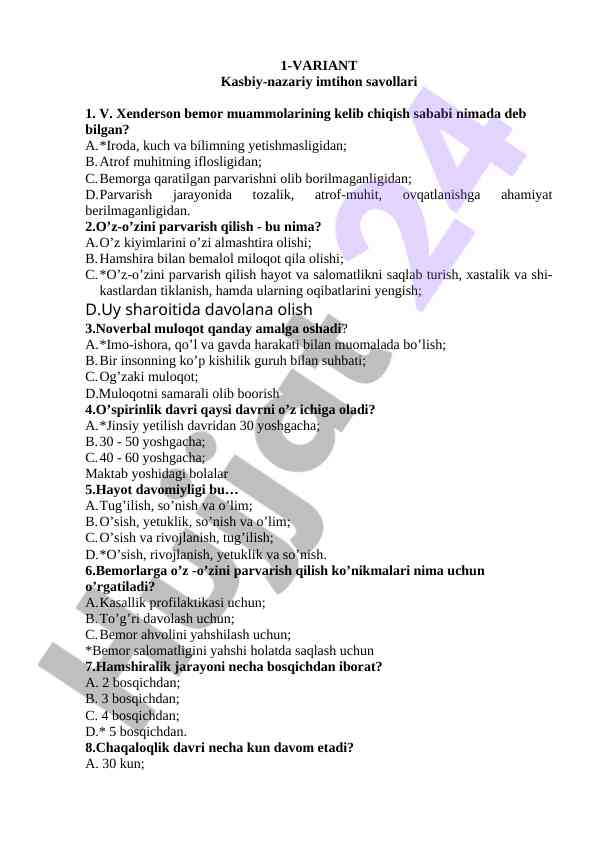 Kasbiy-nazariy imtihon savollari bo'yicha o'qituvchilar uchun