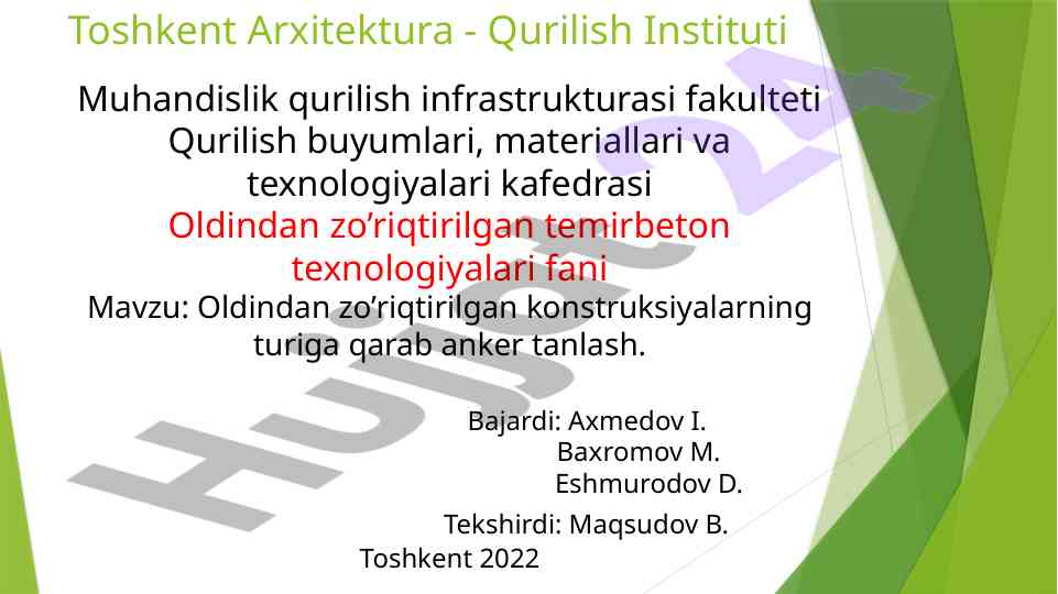 Oldindan zo’riqtirilgan konstruksiyalarning anker tanlash