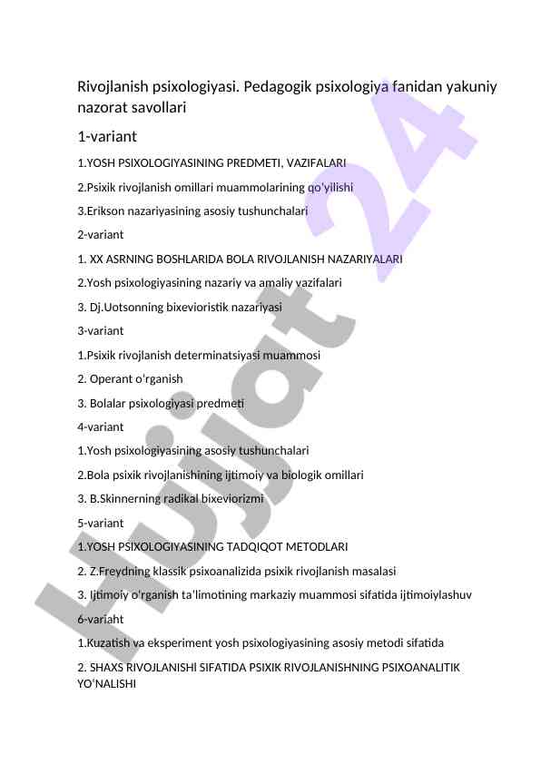 Yosh psixologiyasiga doir nazorat savollari 1-variant