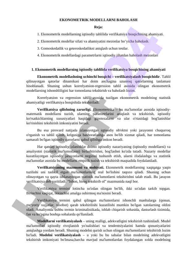Ekonometrik modellarni baholashning ahamiyati