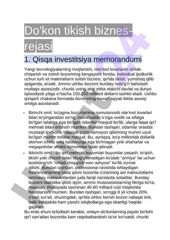 Do'kon tikish biznes-rejasi va investitsiya memorandumi