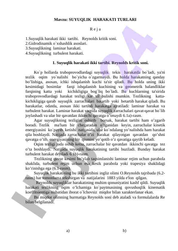 Suyuqlik harakati turlari va reynolds kritik soni