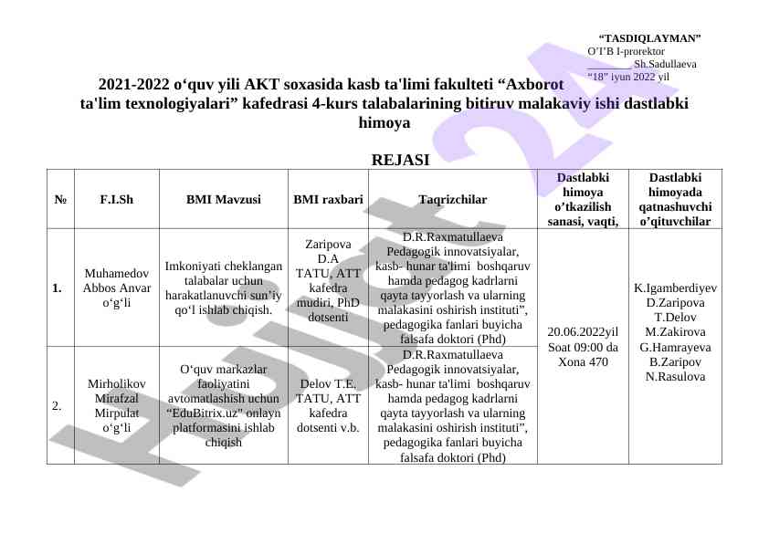 Bitiruv malakaviy ishining dastlabki himoya rejasi