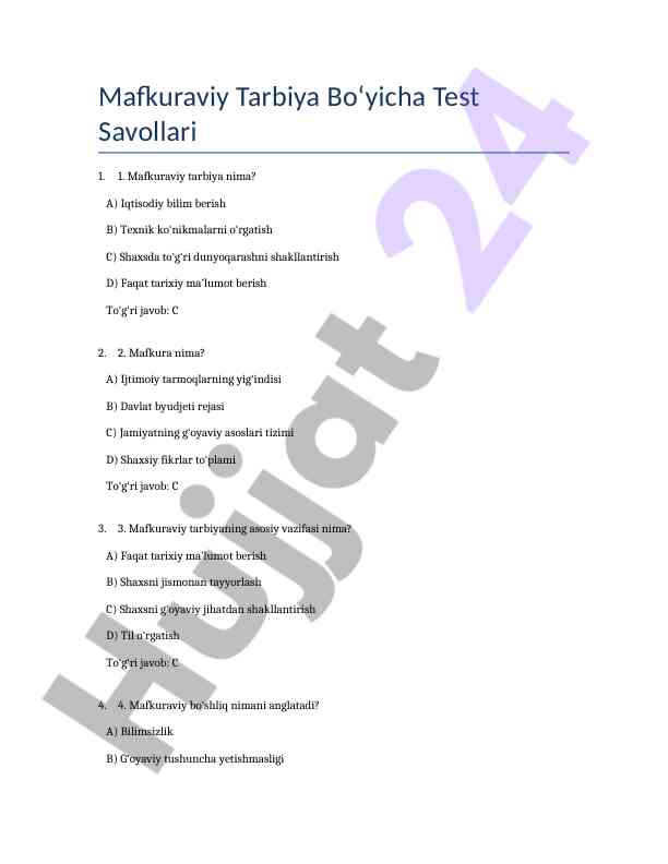 Mafkuraviy tarbiya bo‘yicha o‘quv test savollari