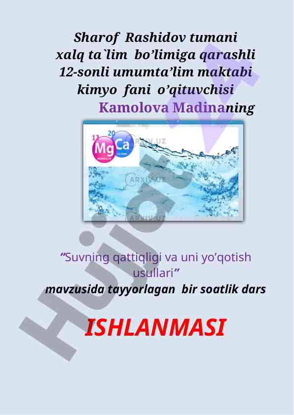 Suvning qattiqligi va uni yo‘qotish usullari dars ishlanmasi