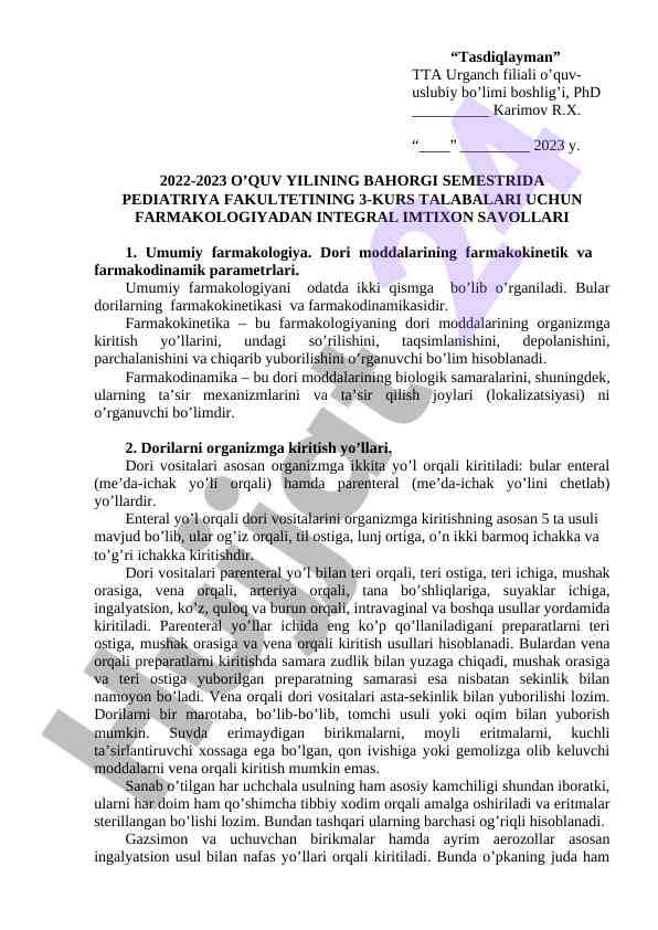 Integrall imtixon savollari barcha talabalar uchun