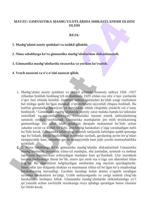 Gimnastika mashg’ulotlarida shikastlanishni oldini olish