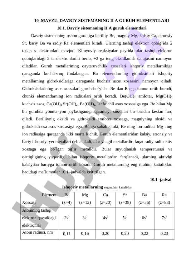 Davriy sistemining ii a guruh elementlari haqida ma'lumotlar