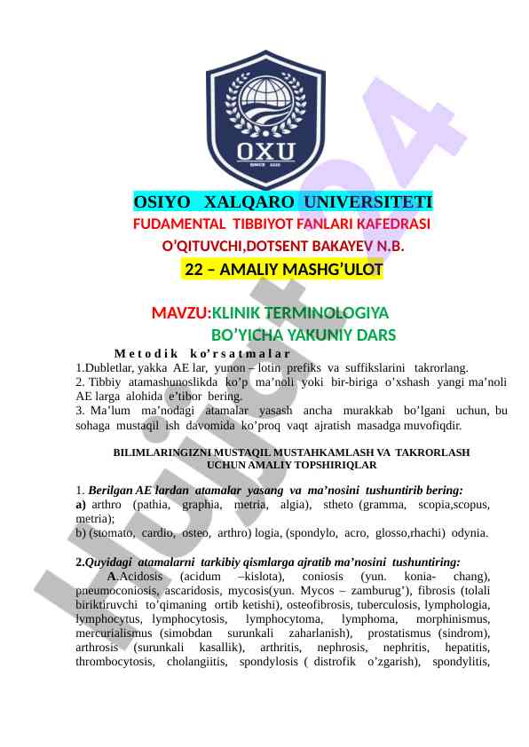 Klinik terminologiya bo’yicha yakuniy dars