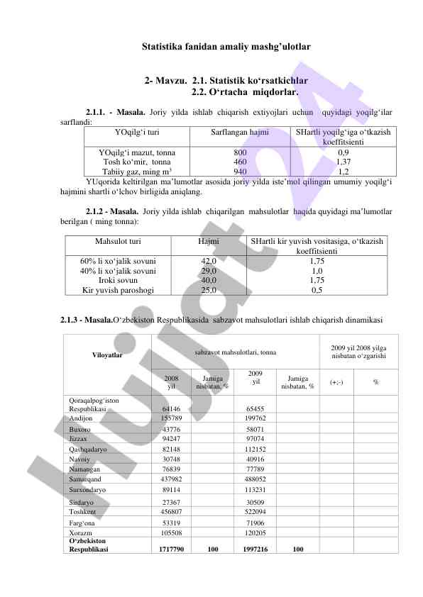Statistika fanidan amaliy mashg‘ulotlar 2-mavzu