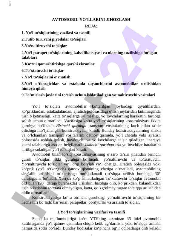 Avtomobil yo‘llarini jihozlash rejasi va vazifalari