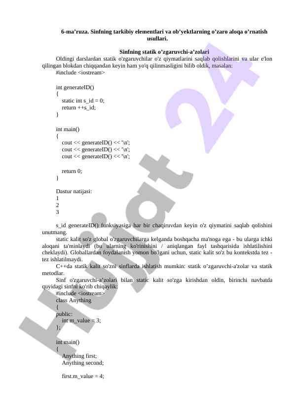Sinfning tarkibiy elementlari va ob’yektlar o’zaro aloqa