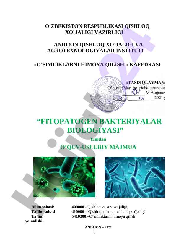 Fitopatogen bakteriyalar biologiyasi o‘quv-uslubiy majmua