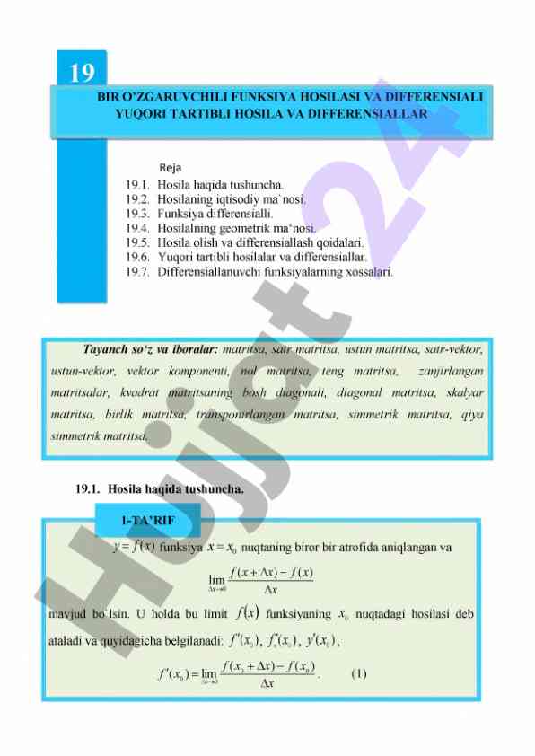 Yuqori tartibli hosila va differensial qoidalari