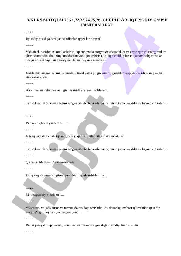 Iqtisodiy o'sish fanidan test savollari