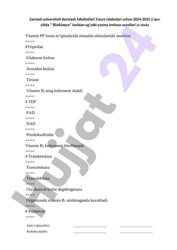 Biokimyo imtihon savollari 2024-2025 o‘quv yili