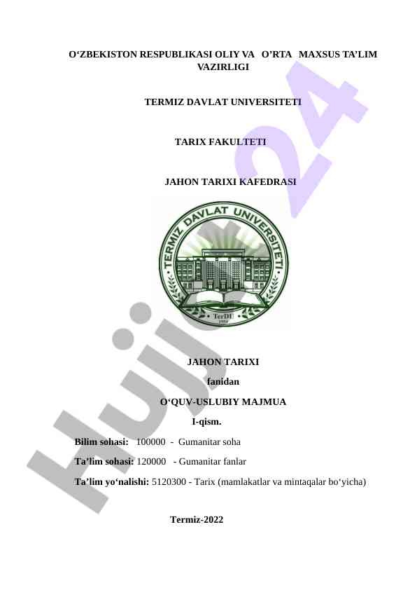 Jahon tarixi fanidan o‘quv-uslubiy majmua i-qism