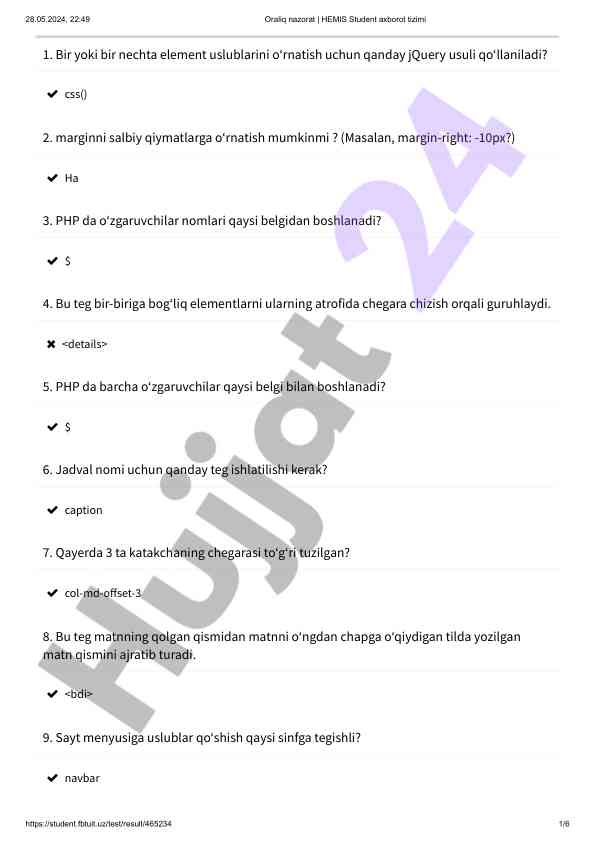 Oraliq nazorat savollari va javoblari