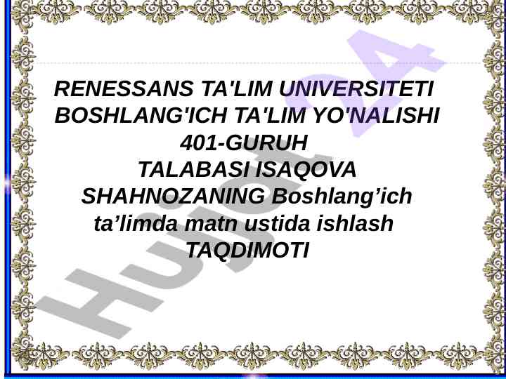 Boshlang'ich ta'limda matn ustida ishlash taqdimoti