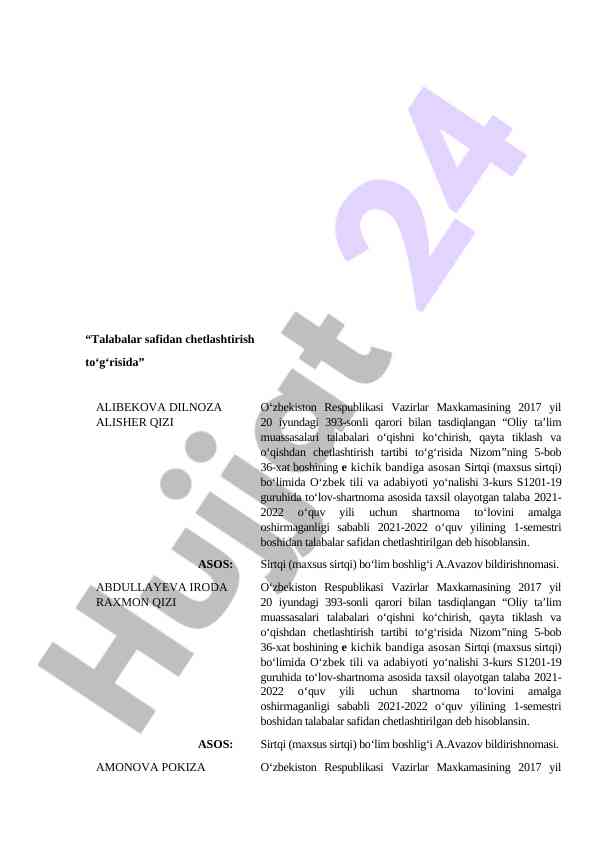 Talabalar safidan chetlashtirish tahlili