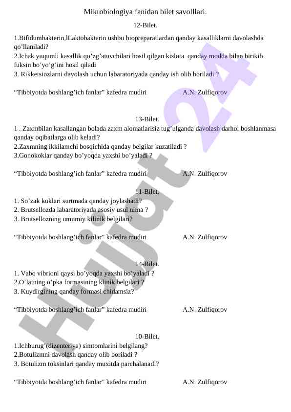 Mikrobiologiya fanidan bilet savollari