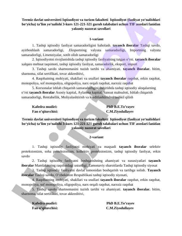 Tif asoslari fanidan yakuniy nazorat savollari