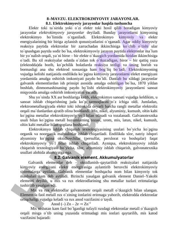 Elеktrokimyoviy jarayonlar tushunchasi va asoslari
