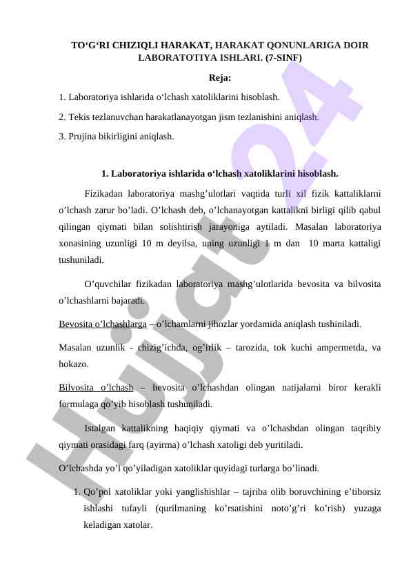 To‘g‘ri chiziqli harakat bo‘yicha laboratoriya ishlari