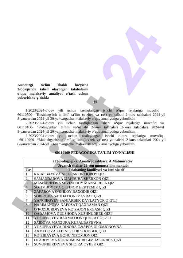 Malakaviy o‘quv amaliyoti rejasi 2023/2024