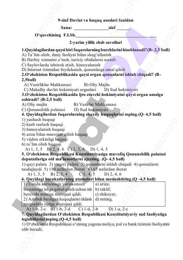 Davlat va huquq asoslari fanidan savollar