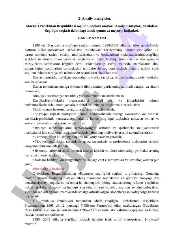 O‘zbekiston respublikasi sog‘liqni saqlash asoslari