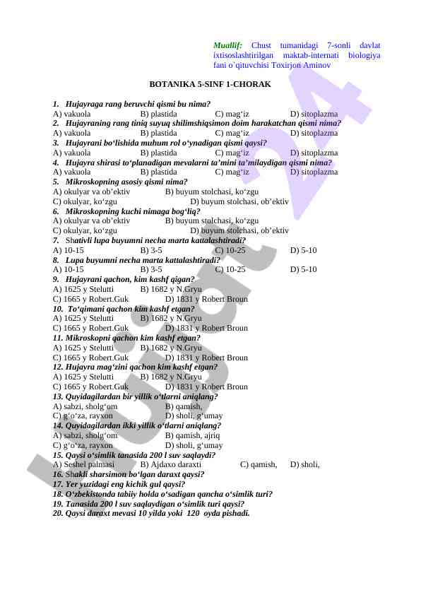Biologiya 5-sinf 1-chorak test savollari