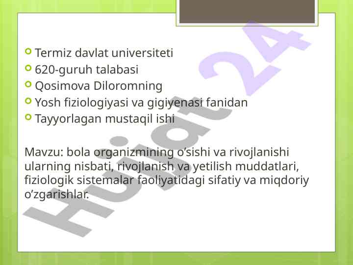 Bola organizmida o'sish va rivojlanish tahlili