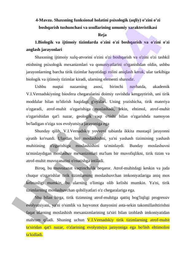 Psixologik o'zini boshqarish tushunchasi va usullari
