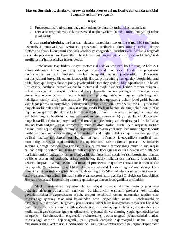 Surishtiruvda protsessual majburiyatlar va javobgarlik