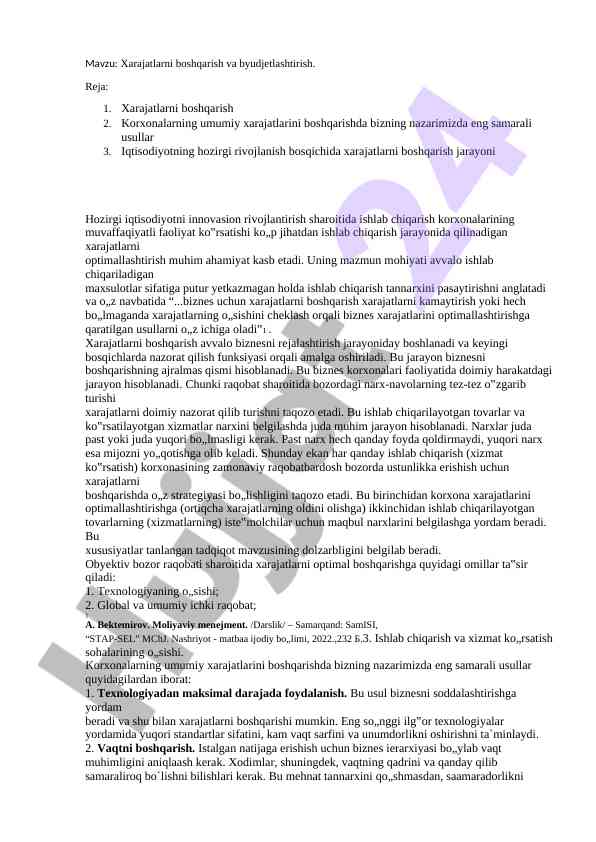 Xarajatlarni boshqarish va byudjetlashtirish