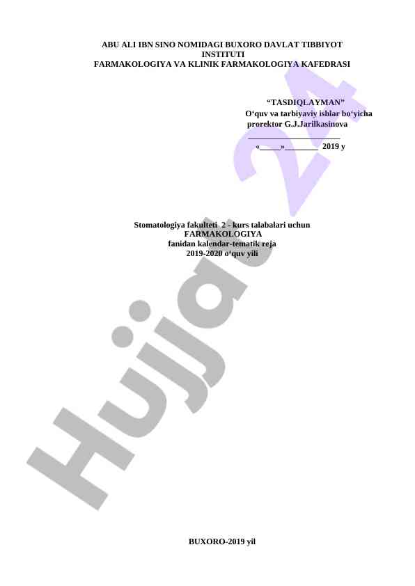 Farmakologiya fanidan kalendar-tematik reja 2019-2020