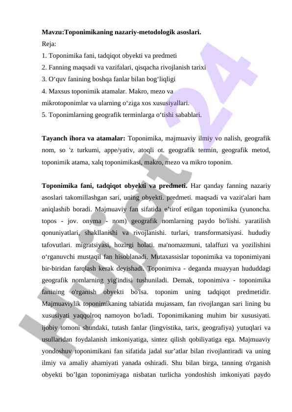 Toponimikaning nazariy metodologik asoslari